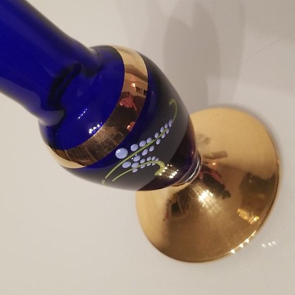 70s Vintage 24 Carat Gilded Venetian Cobalt Blue Blown Glass Bud Vase - Picture 3 of 17